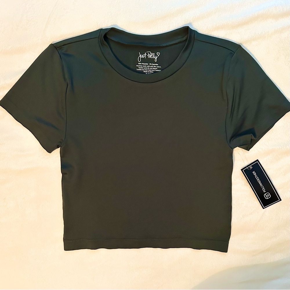 Just Polly Activewear Performance Cropped Green T-shirt Womens L NWT workout gym